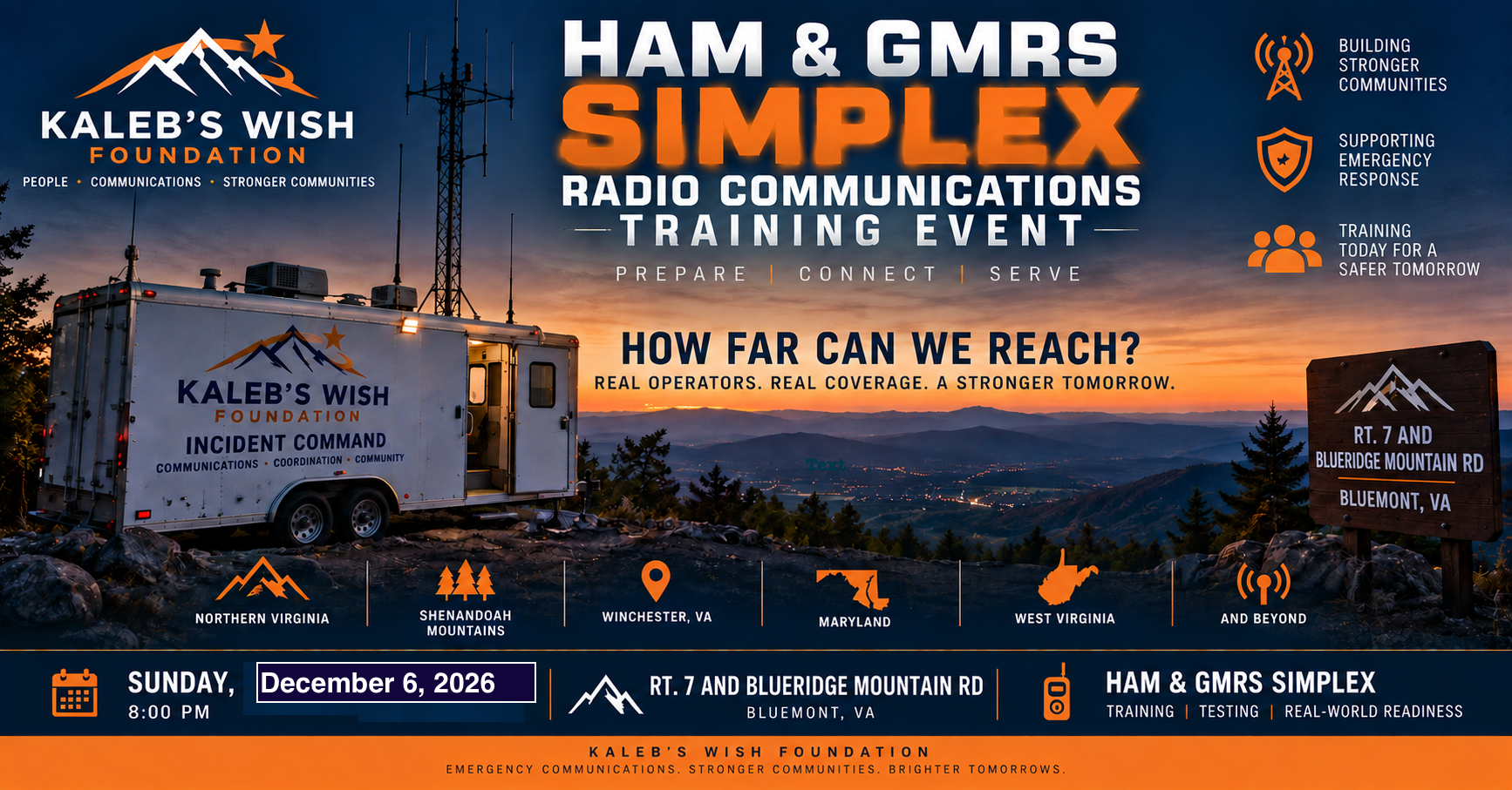Flyer for training event showing ham radio operaters and tower with December 5, 2026 8pm date
