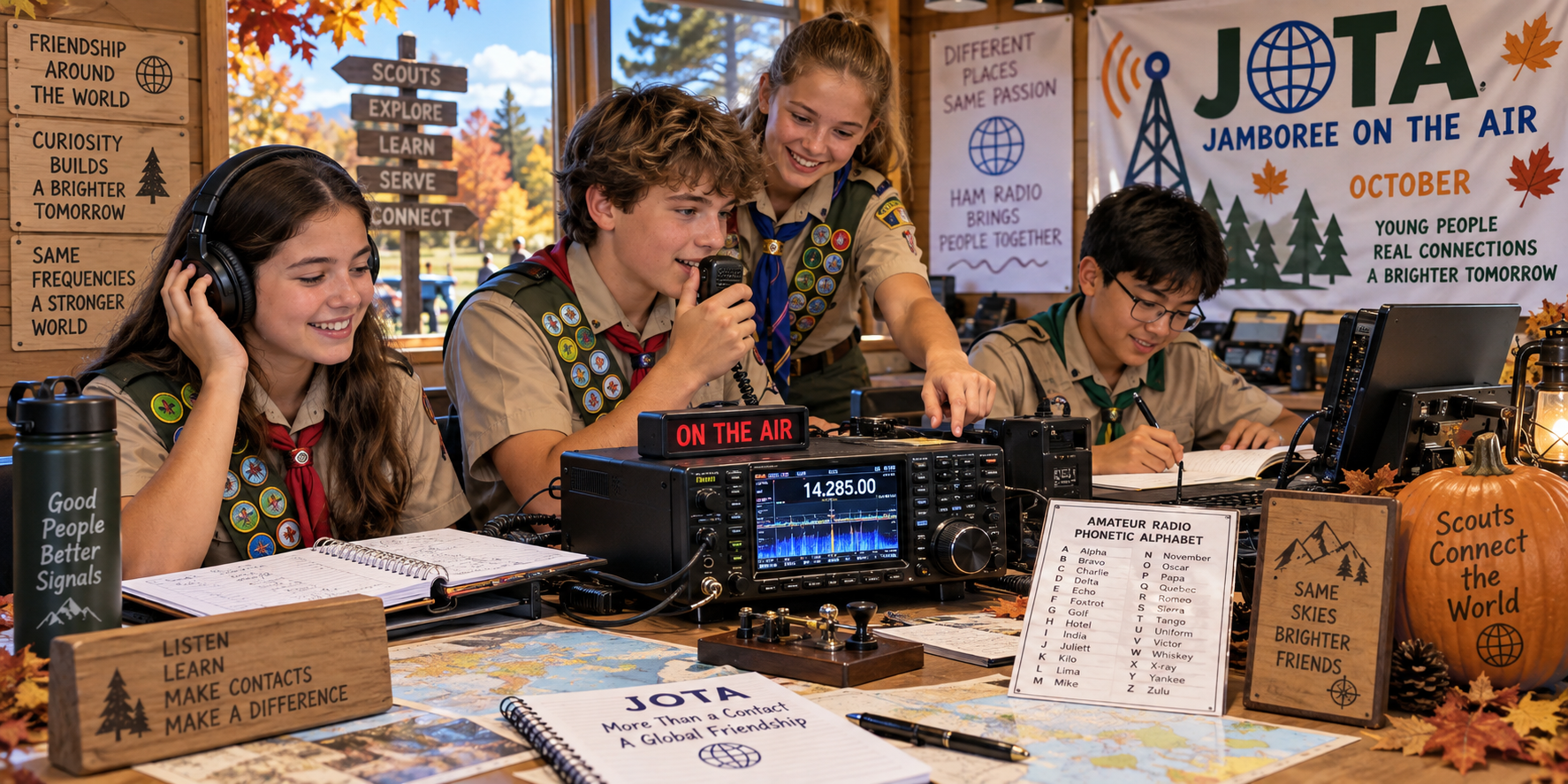 Scouts operating amateur radio station to earn their Radio Merit Badge
