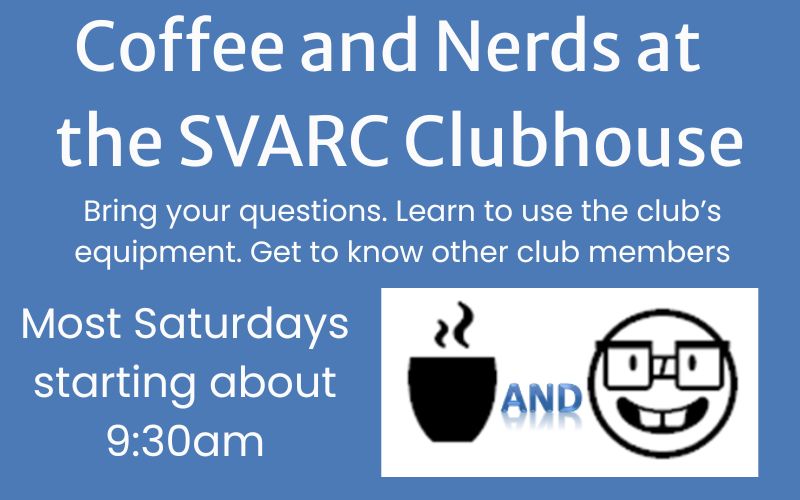 Coffee and Nerds logo and information about the Saturday gatherings at 9:30am at the clubhouse